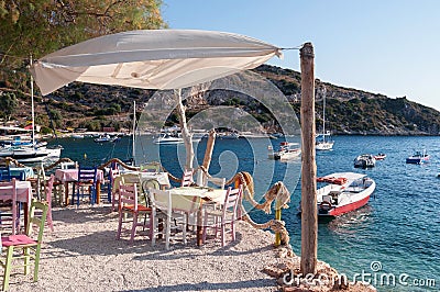 Cafe on the beach at Agios Nikolaos port, Zakynthos Stock Photo