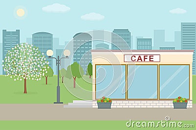 Cafe building on city background. Vector Illustration