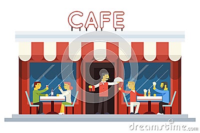 Cafe Building Facade Customer People Eating Vector Illustration