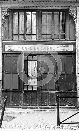 Cafe cardinal at Bordeaux in the street , monochrome wood Windows old Editorial Stock Photo