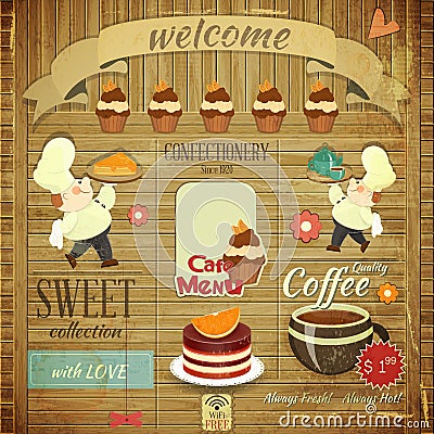 Cafe Confectionery Menu Retro Design Vector Illustration