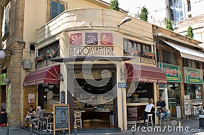 Cafe on the corner in Nicosia, Cyprus. Editorial Stock Photo