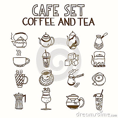 Cafe doodle set coffee and tea Morning breakfast Vector Illustration