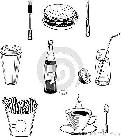 Cafe food vector set black fast-food monogram Vector Illustration