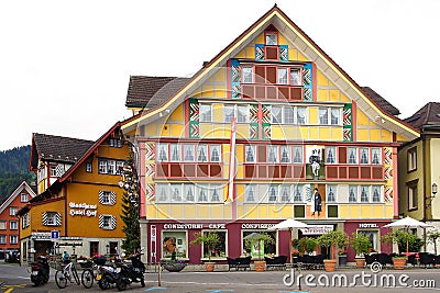 Cafe-Hotel Appenzell at Hauptgasse in historic medieval old town. Appenzell is well-known for its colourful houses Editorial Stock Photo