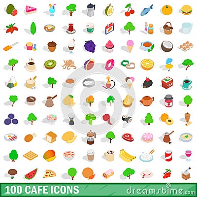 100 cafe icons set, isometric 3d style Vector Illustration
