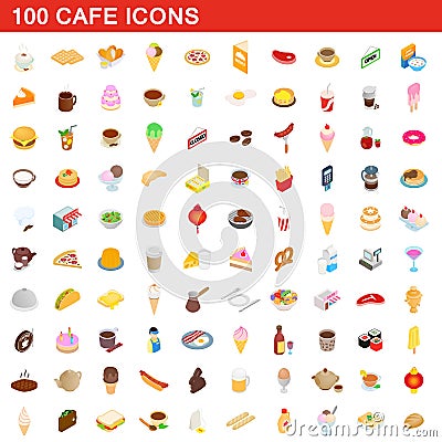 100 cafe icons set, isometric 3d style Vector Illustration