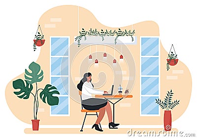 Cafe Illustration With View of People Sitting, Drinking Coffee, Working On Laptop, Chatting and Barista Standing At The Counter Vector Illustration