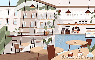 Cafe interior with barista at counter. Coffee shop with window, tables and chairs. Empty coffeehouse. Inside modern Vector Illustration