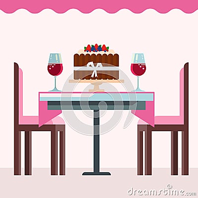 Cafe interior with birsday cake, glasses of wine in pink colors vector illustration. Coffee shop with pink table and Vector Illustration