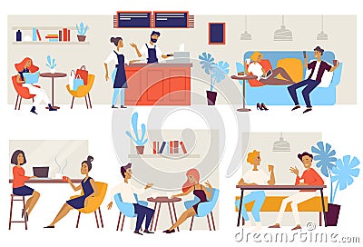 Cafe interior coffee house or bar customers and barista Vector Illustration