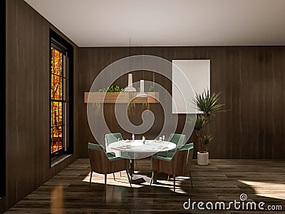 Cafe interior 3d render, 3d illustration decoration style banquet beautiful Cartoon Illustration