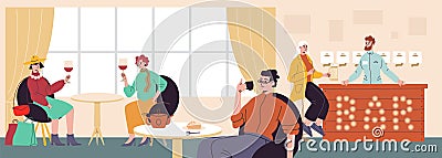Cafe interior with happy visitors. People sitting at tables in restaurant. Woman orders beer. Business lunch time Vector Illustration