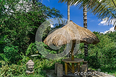 Cafe in the jungle. Table under a thatched canopy in the rainforest. Wooden gazebo in a thicket of bamboo under palm trees. Buddha Stock Photo