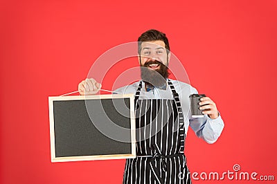 Cafe menu. Cold brew coffee. Barista handsome worker. Mature barista. Delicious cappuccino. Restaurant staff. Hipster Stock Photo