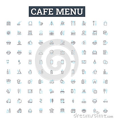 Cafe menu vector line icons set. Coffees, Desserts, Sandwiches, Drinks, Food, Salads, Sides illustration outline concept Vector Illustration