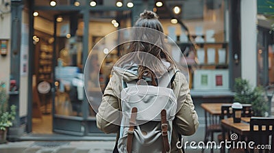 Through the cafe open doorway a woman with a backpack slung over shoulder stands facing the street. takes a sip from a Stock Photo