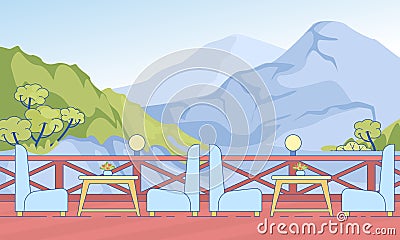 Cafe Open Terrace with Table Chair in Mountains Vector Illustration