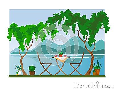 Chair and table with hot coffee at the growing trees overlooking the river and mountains. Vector illustration Vector Illustration