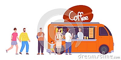 Cafe queue. People long line wait fast food coffee drinks at takeaway restaurant, crowd business customer waiting for Vector Illustration