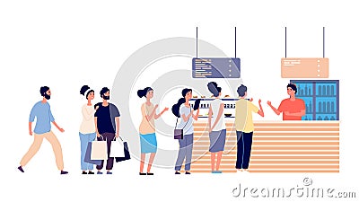 Cafe queue. People wait food, street food restaurant. Salad bar, men and women need food vector illustration Vector Illustration