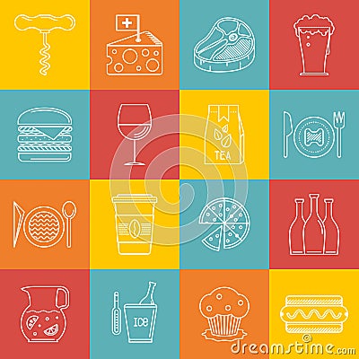 Cafe and restaurant lineart minimal vector iconset on multicolor checkered texture Vector Illustration