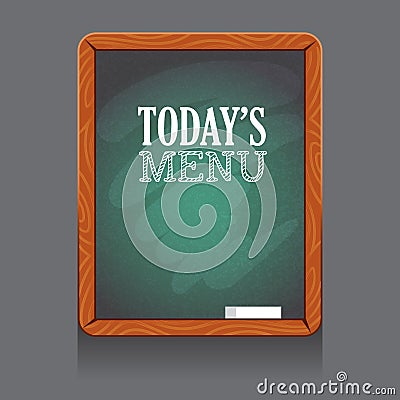 Cafe or restaurant menu chalkboard in wooden frame, on the wall, with peace of chalk. Vector illustration. Vector Illustration