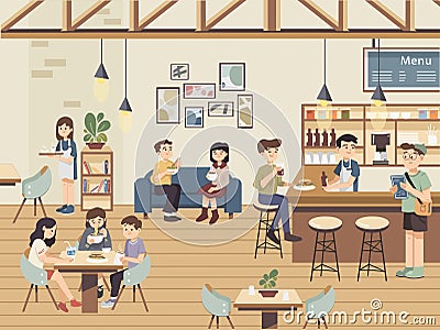 Cafe Restaurant Scene With People front view Vector Illustration