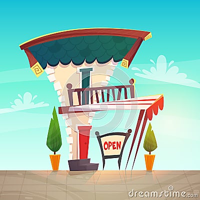 Cafe restaurant or shop cartoon style medieval roof tavern with white red stripes canopy . sign board open at street . happy brigh Vector Illustration