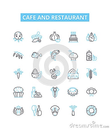 Cafe and restaurant vector line icons set. Location, Atmosphere, Menu, Entrees, Appetizers, Desserts, Beverages Vector Illustration