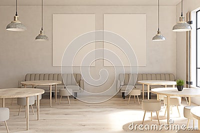 Cafe with round tables, posters front Stock Photo