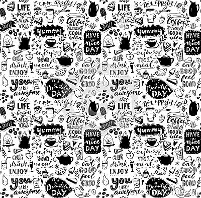 Cafe seamless pattern. Hand drawn tea and coffee pots, desserts and inspirational captions. Menu cover design, wallpaper Vector Illustration