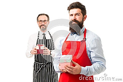 Cafe service. anniversary birthday party. cafe restaurant opening. chef team in apron. Food delivery. catering business Stock Photo