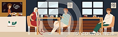 Cafe shop with interior and people who drink coffee and tea, chat Vector Illustration