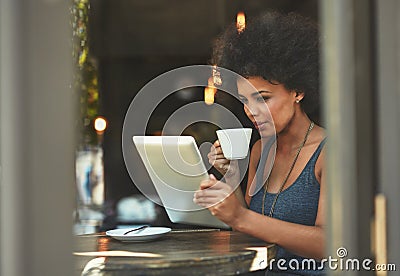 Cafe shop, tablet and woman reading project data, research insight or small business report of monthly sales income Stock Photo