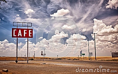 Cafe sign along historic Route 66 in Texas. Stock Photo