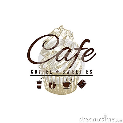 Cafe sign with hand drawn cupcake. Vector Illustration