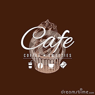 Cafe sign with hand drawn cupcake. Vector Illustration