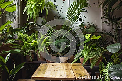 cafe table surrounded by lush potted ferns and pothos Stock Photo