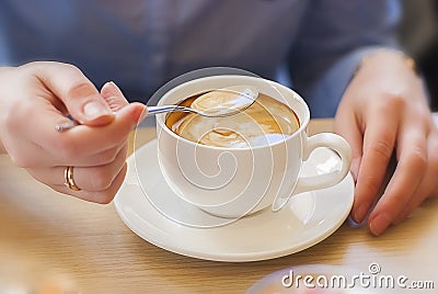 Cafe, table, woman, cup of coffee (high quality) Stock Photo