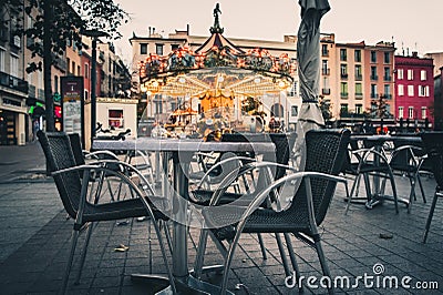 Cafe tables on Place Republique public square, Perpignan, France Editorial Stock Photo