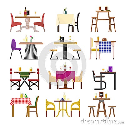 Cafe tables in restaurant setting vector dining furniture table and chair for romantic lunch dinner date in cafeteria Vector Illustration