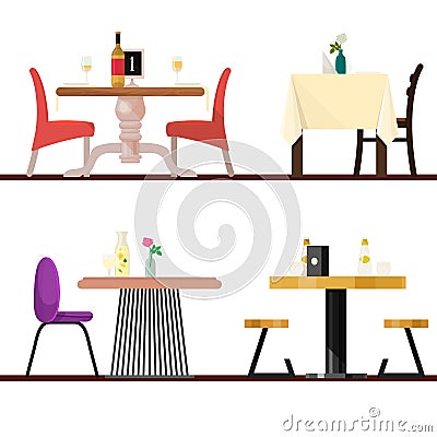 Cafe tables in restaurant setting vector dining furniture table and chair for romantic lunch dinner date in cafeteria Vector Illustration