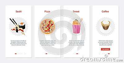 Cafe takeaway fast food snack menu, UX, UI onboarding mobile app page screen set Vector Illustration