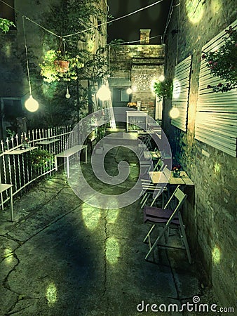 Cafe terrace at night in European city Editorial Stock Photo