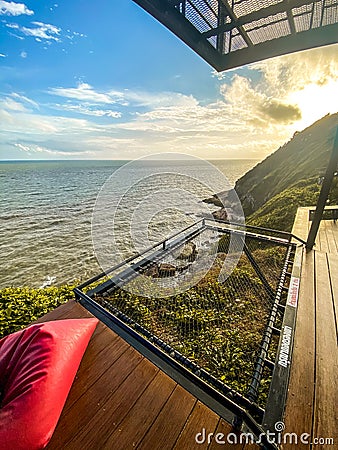 Cafe with a view above the cliffs and the sea, sky view, in Pha Suk nir, Ko Proet, in Chanthaburi, Thailand Editorial Stock Photo