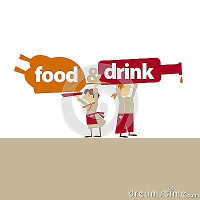 Cafe waiters hold food and drinks. Vector Illustration