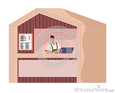 Cafe worker take order, service visitor. Employee standing behind the counter, sell food in cafeteria. Young man work in Vector Illustration