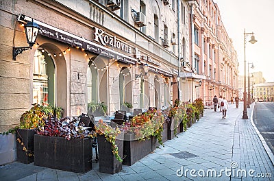 Cafes and tables on Myasnitskaya street in Moscow Editorial Stock Photo