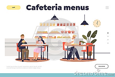 Cafeteria menus concept of landing page with kids in school lunchroom sitting at tables eating Vector Illustration